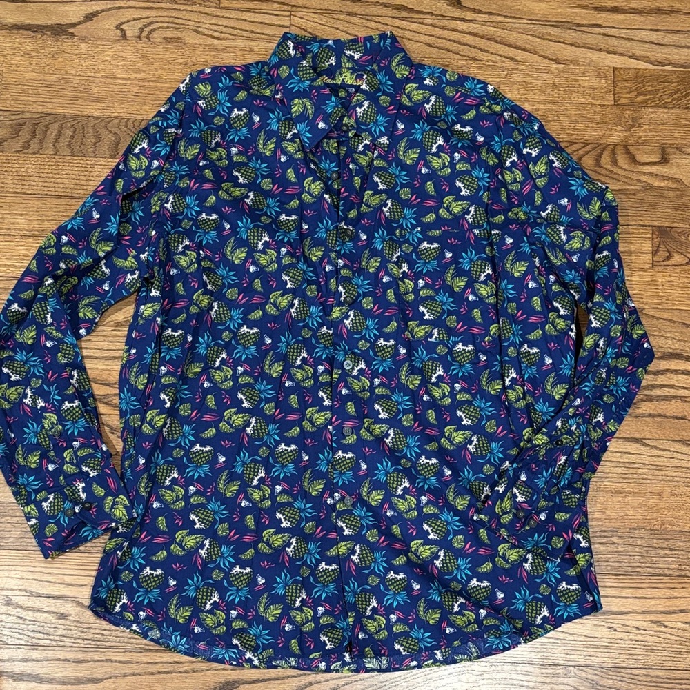 Alan Flusser Navy Tropical Pineapple Print Shirt with Teal, Lime & Pink XL